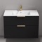 36 Inch Matte Black Floating Bathroom Vanity, Gold Handles